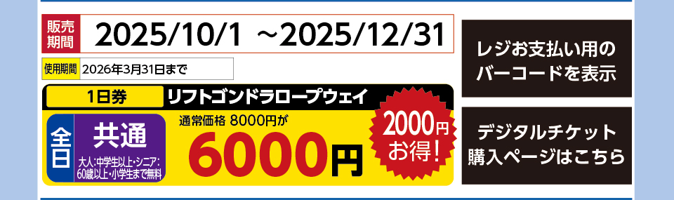 富良野スキー場　券種：全日 共通 リフトゴンドラロープウェイ １日券　販売期間：2025/12/31まで　金額：6000円