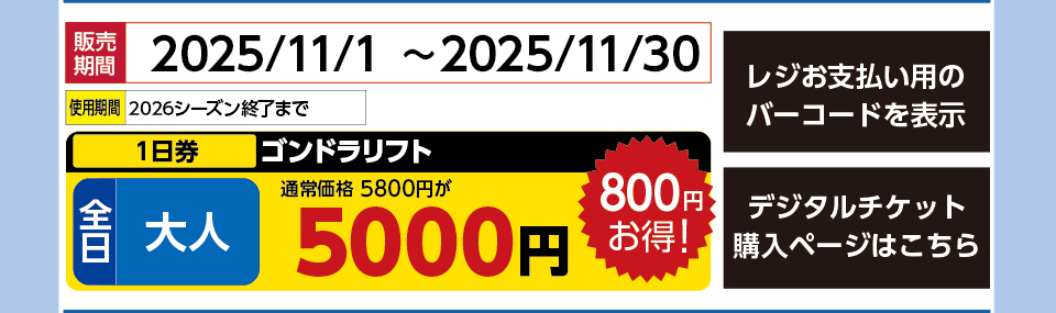 函館七飯スノーパーク　券種：全日 大人 ゴンドラリフト １日券【11月】　販売期間：2025/11/30まで　金額：5000円