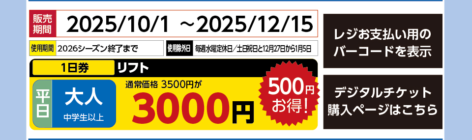 エーデルワイススキーリゾート　券種：平日 大人 リフト １日券　販売期間：2025/12/15まで　金額：3000円
