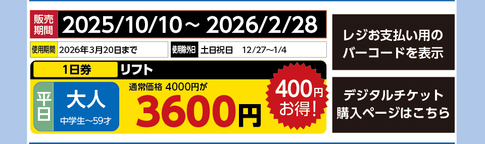 軽井沢スノーパーク　券種：平日 大人 リフト １日券　販売期間：2026/2/28まで　金額：3600円