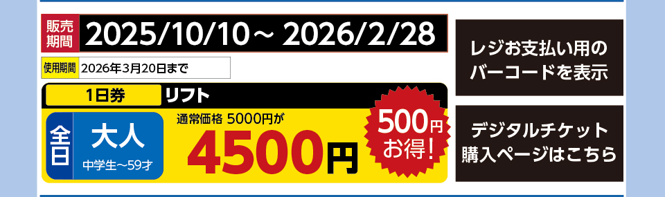 軽井沢スノーパーク　券種：全日 大人 リフト １日券　販売期間：2026/2/28まで　金額：4500円