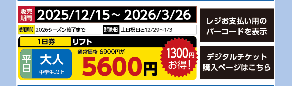 サンメドウズ清里スキー場　券種：平日 大人  １日券　販売期間：2026/3/26まで　金額：5600円