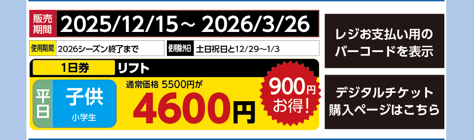 サンメドウズ清里スキー場　券種：平日 子供 リフト １日券　販売期間：2026/3/26まで　金額：4600円