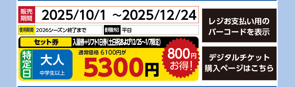 六甲山スノーパーク　券種：［セット券］特定日 大人 入園券＋リフト1日券（土日祝および12/25～1/7限定） 　販売期間：2025/12/24まで　金額：5300円