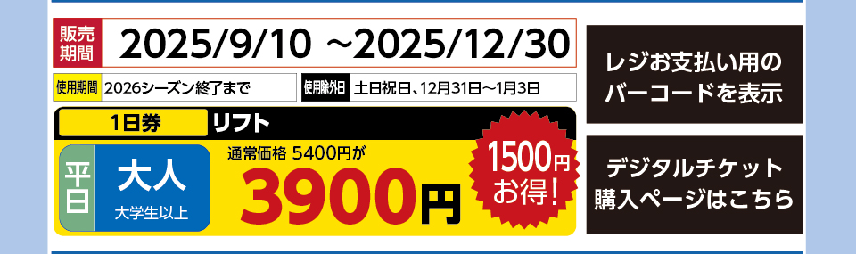 恐羅漢スノーパーク　券種：平日 大人 リフト １日券【早割】　販売期間：2025/12/30まで　金額：3900円