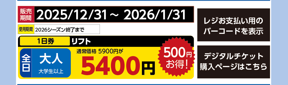 恐羅漢スノーパーク　券種：全日 大人 リフト １日券【特割】　販売期間：2026/1/31まで　金額：5400円
