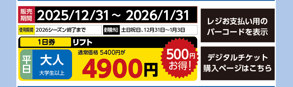 恐羅漢スノーパーク　券種：平日 大人 リフト １日券【特割】　販売期間：2026/1/31まで　金額：4900円