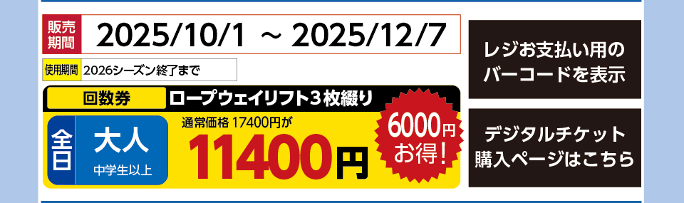 竜王スキーパーク　券種：全日 大人 ロープウェイリフト 3枚綴り 回数券【早割】　販売期間：2025/12/7まで　金額：11400円