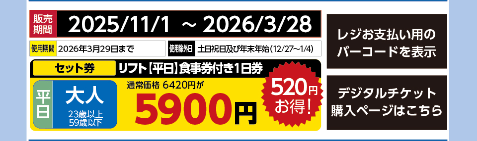 白樺高原国際スキー場　券種：平日 大人 リフト【平日】食事券付き１日券 　販売期間：2026/3/28まで　金額：5900円