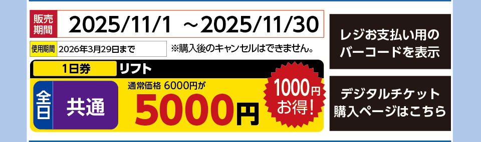 白樺湖ロイヤルヒルスキー場　券種：全日 共通 リフト １日券【11月券】　販売期間：2025/11/30まで　金額：5000円