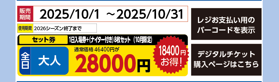 上越国際スキー場（上国＆岩原）　券種：全日 大人 リフト 1日入場券+(ナイター付き)8枚セット 　販売期間：2025/10/31まで　金額：28000円