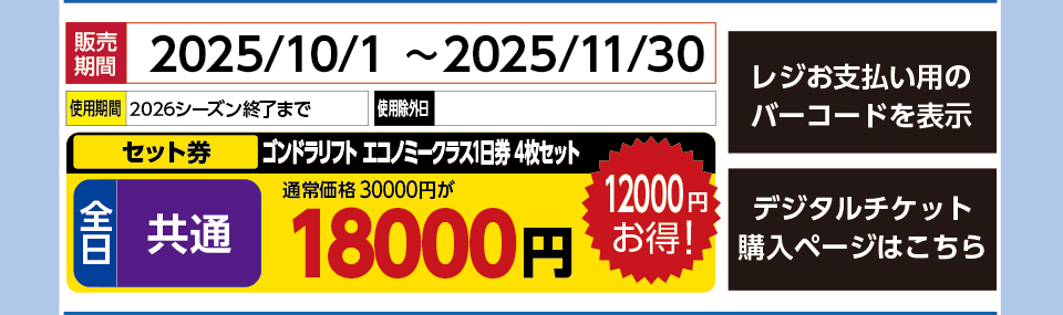 アライマウンテンリゾート　券種：全日 共通 ゴンドラリフト エコノミークラス1日券 4枚セット 　販売期間：2025/11/30まで　金額：18000円