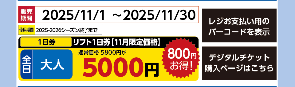 黒伏高原　スノーパークジャングルジャングル　券種：全日 大人 リフト１日券【11月限定価格】8:30～17:00 　販売期間：45991まで　金額：5000円