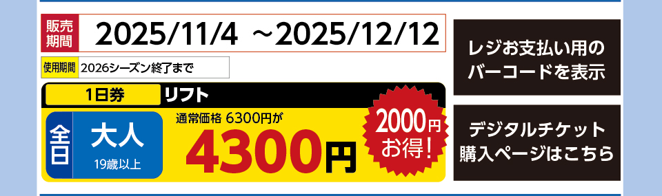 星野リゾート　ネコマ マウンテン　券種：全日 大人 リフト 1日券　販売期間：46003まで　金額：4300円