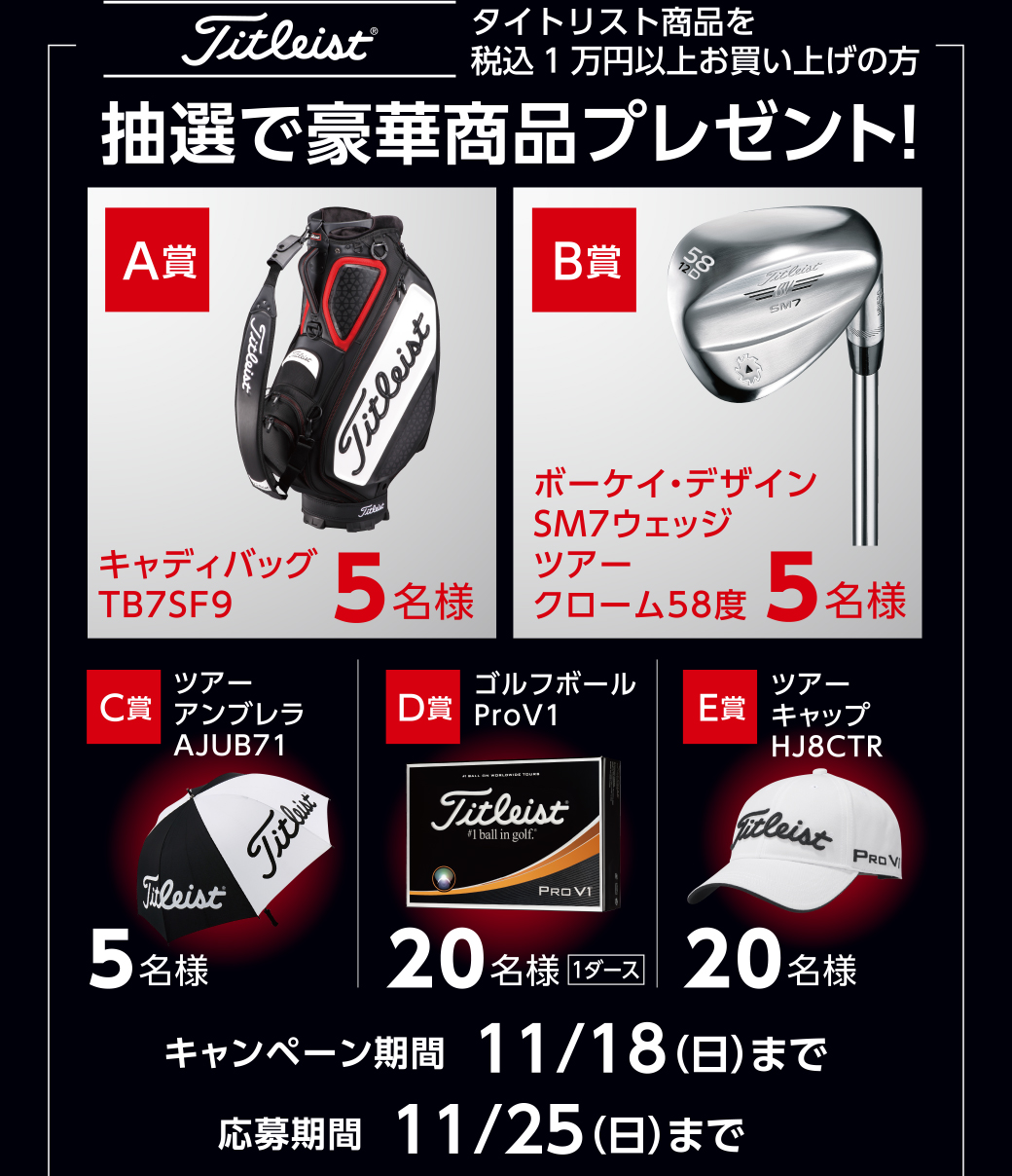 タイトリスト商品を税込1万円以上お買い上げの方　抽選で豪華商品プレゼント。